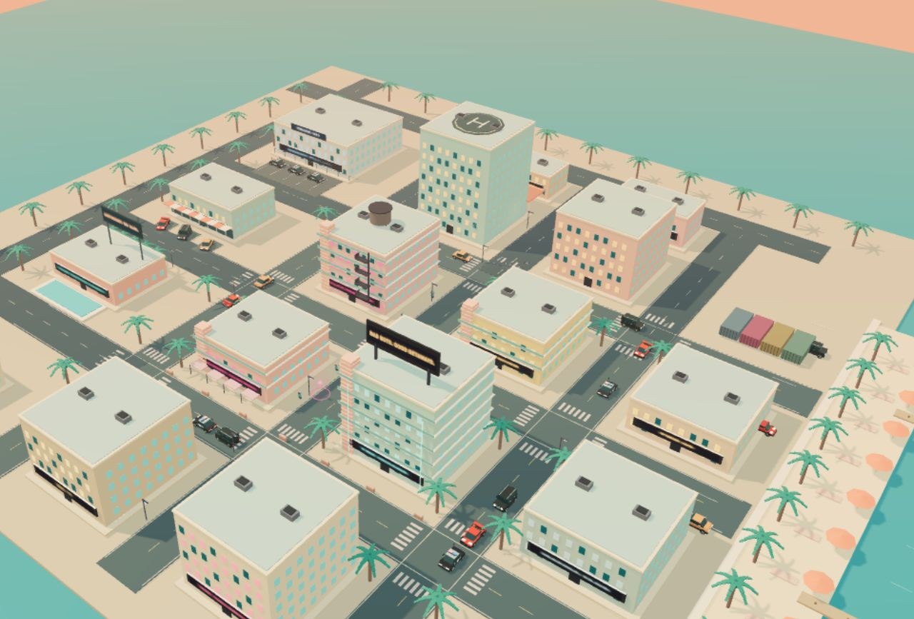 Playable 3D Sunset Coast neighborhood with art-deco buildings, roads and palm trees
