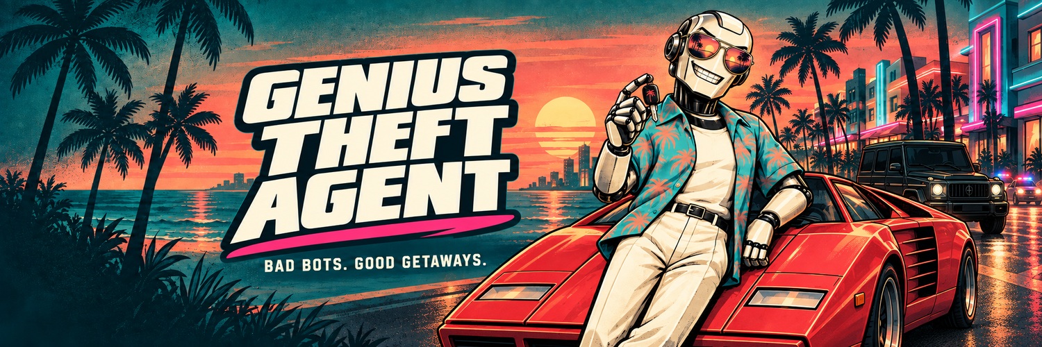 Genius Theft Agent. Bad bots. Good getaways. A robot getaway driver on a coral sports car beside a sunset coast.